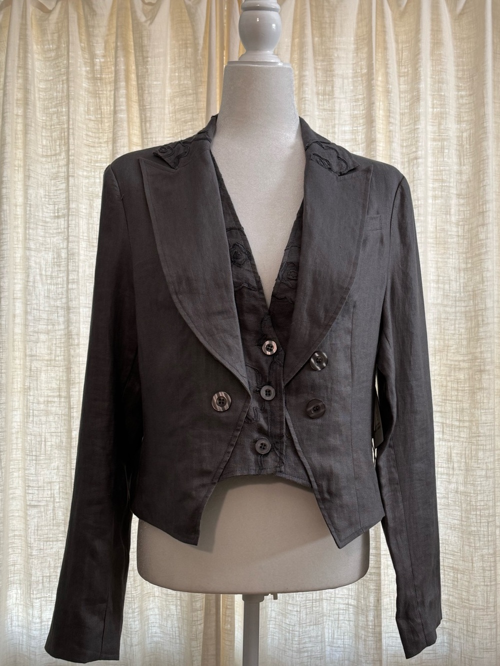 São Paulo Linen Blazer-Vest Embroidered Size 10 Slate Blue Gray Boho Chic